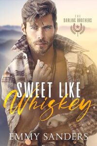 A book cover showing a man in a plaid shirt with necklaces around his neck. The words Sweet Like Whiskey and the author's name Emmy Sanders feature in front of the image.